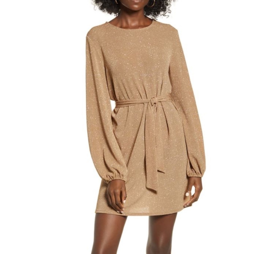 Leith Brown Sparkle Long-Sleeve Tie Waist Dress Small NWT